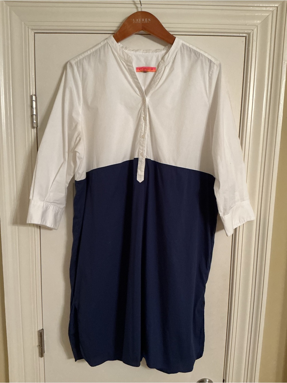 Vilagallo Navy & White Colorblock 3/4 Sleeve Shirt Dress, Size 48 (US XL/14)
